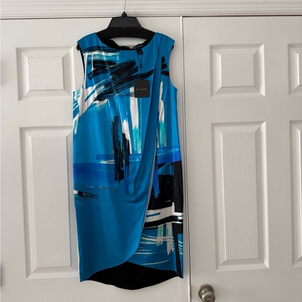 St. John Brushstroke Stretch Silk Charmeuse Draped Dress Cyan Multi 6 Bateau